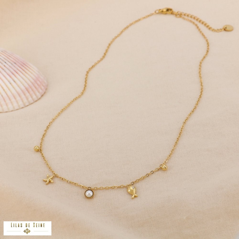 Collier Charms Marin & Perle STARFISH Acier Inoxydable Doré doré