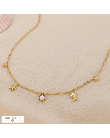 Collier Charms Marin & Perle STARFISH Acier Inoxydable Doré doré