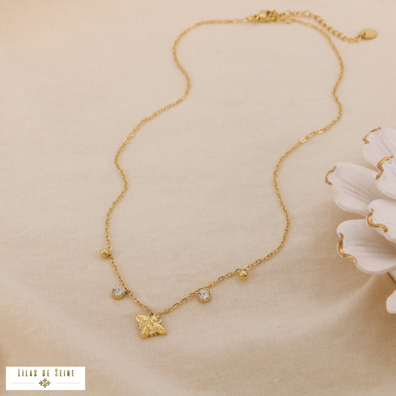 Collier Abeille & Strass BEE Acier Inoxydable Doré doré