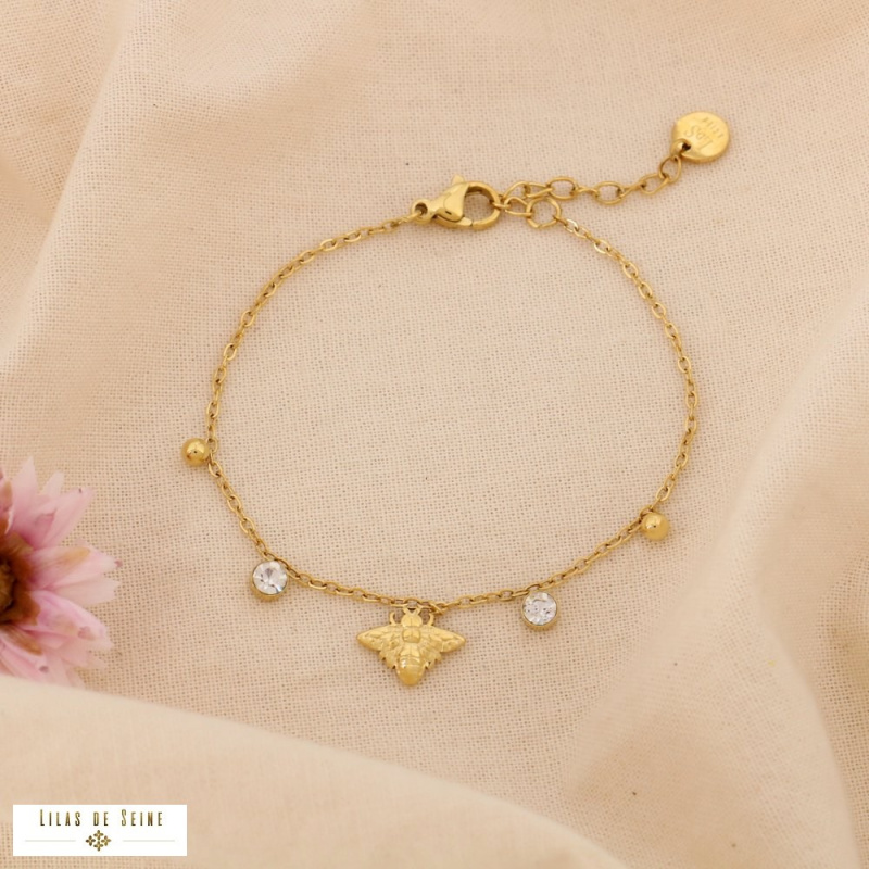 Bracelet Abeille & Strass BEE Acier Inoxydable Doré doré