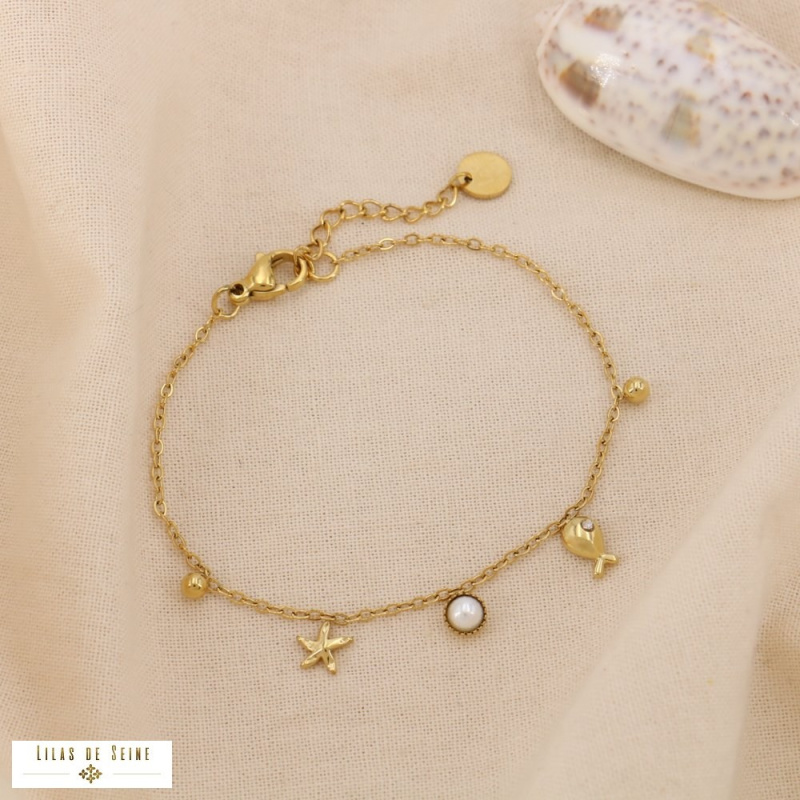 Bracelet Charms Marin & Perle STARFISH Acier Inoxydable Doré doré