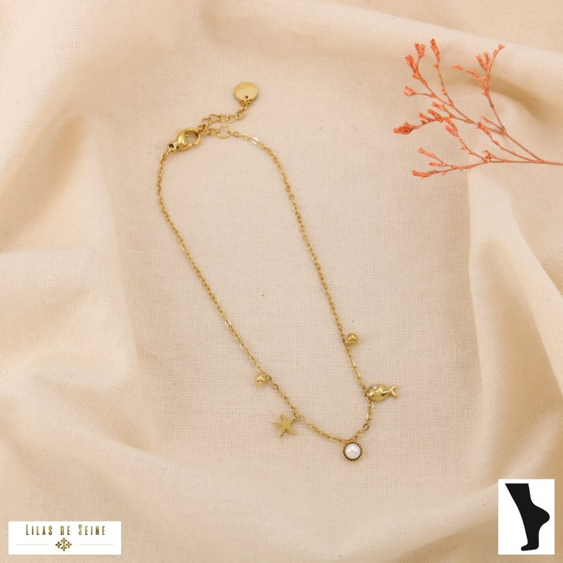 Chaîne de Cheville Charms Marin & Perle STARFISH Acier Inoxydable Doré doré