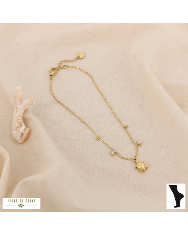 Chaîne de Cheville Tortue & Strass TURTLE Acier Inoxydable Doré doré