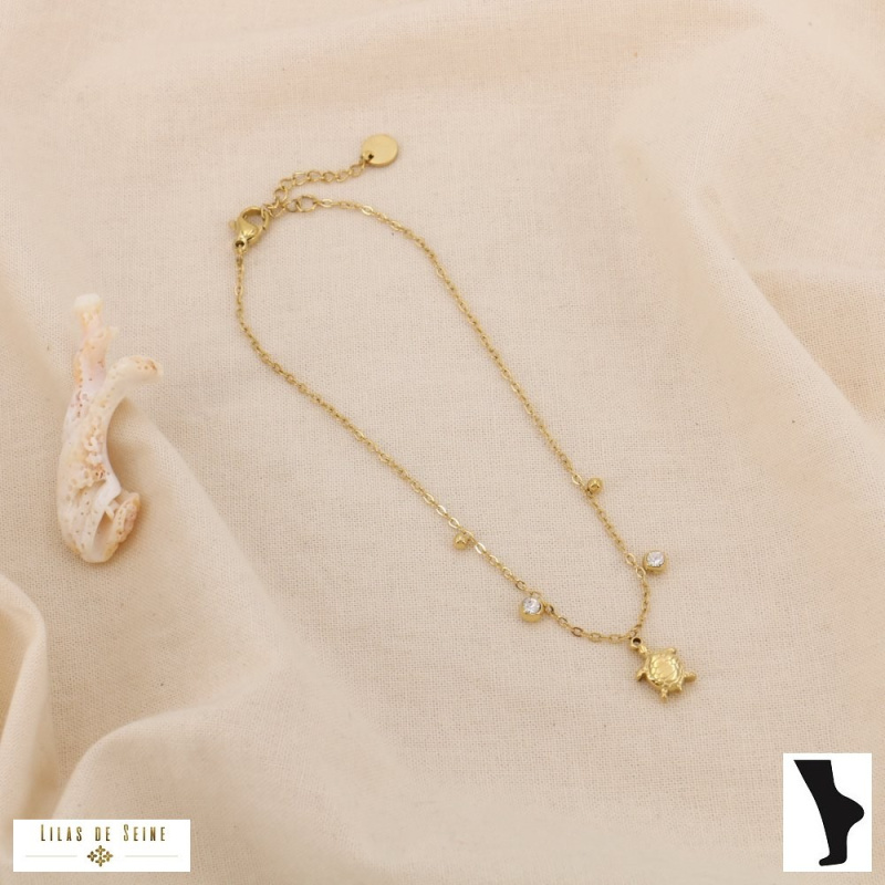 Chaîne de Cheville Tortue & Strass TURTLE Acier Inoxydable Doré doré