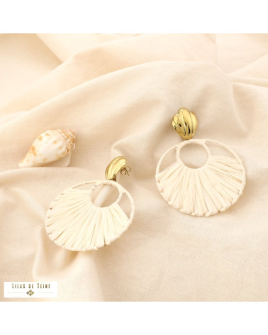 Boucles d’Oreilles Raphia & Coquillage ELEA Acier Inoxydable naturel/beige