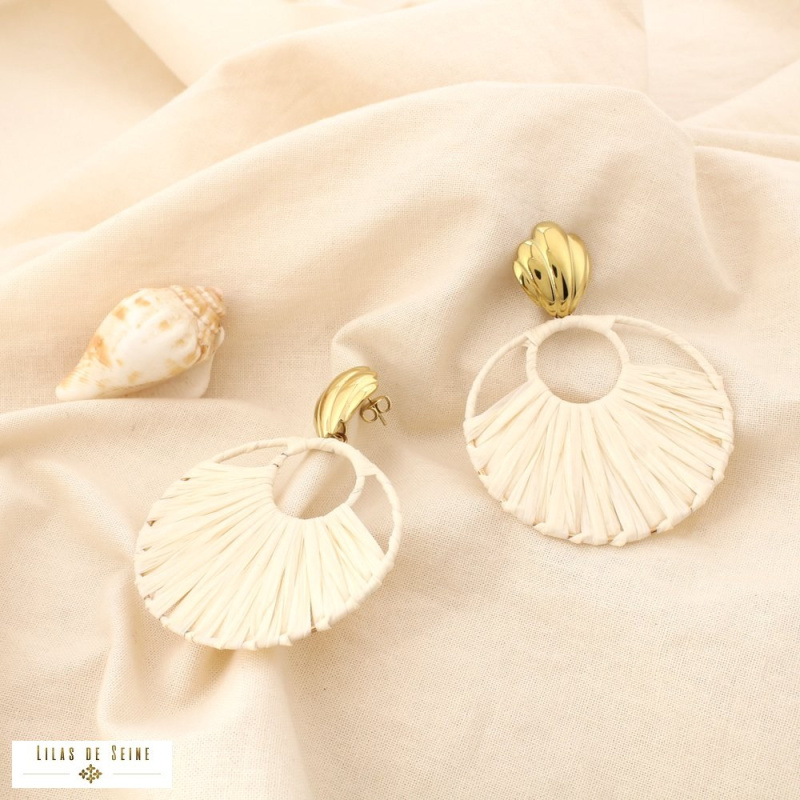 Boucles d’Oreilles Raphia & Coquillage ELEA Acier Inoxydable naturel/beige