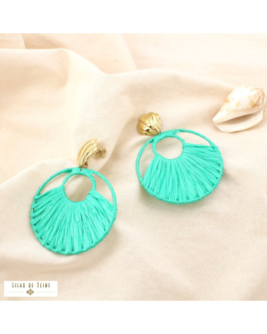 Boucles d’Oreilles Raphia & Coquillage ELEA Acier Inoxydable vert