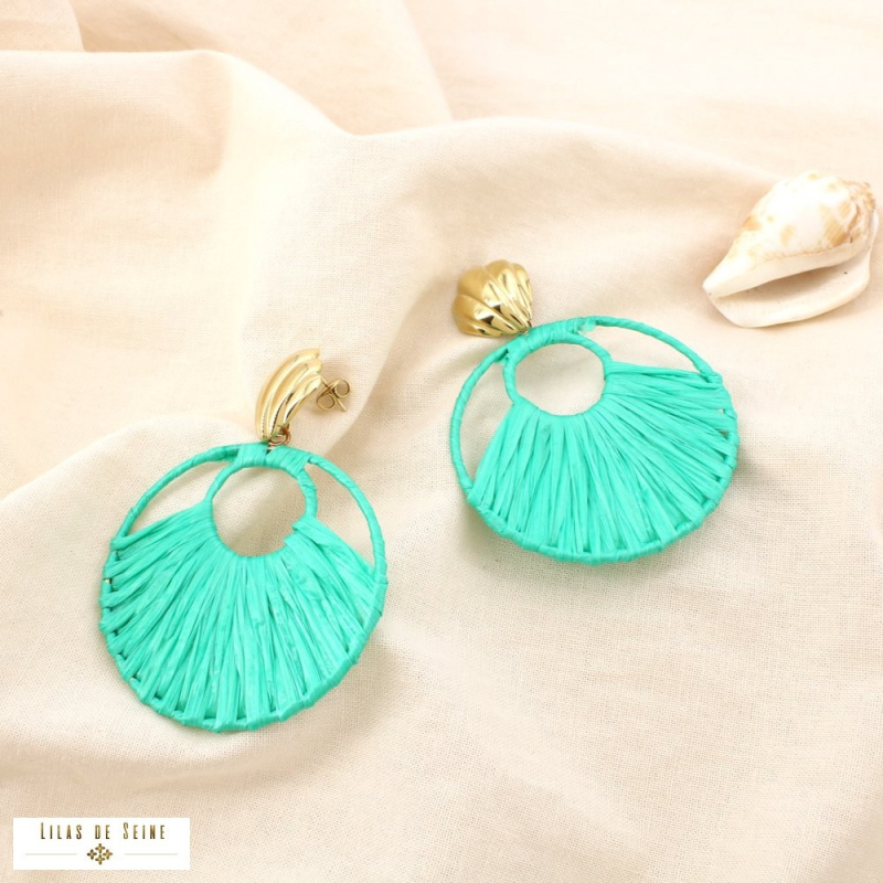 Boucles d’Oreilles Raphia & Coquillage ELEA Acier Inoxydable vert