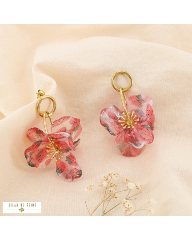 Boucles d'oreilles fleuries en acier inoxydable FLORA rouge