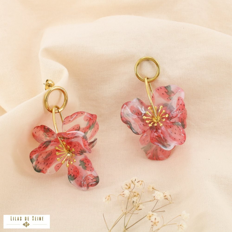 Boucles d'oreilles fleuries en acier inoxydable FLORA rouge