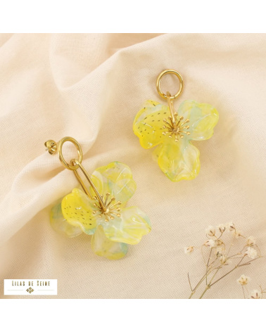 Boucles d'oreilles fleuries en acier inoxydable FLORA jaune