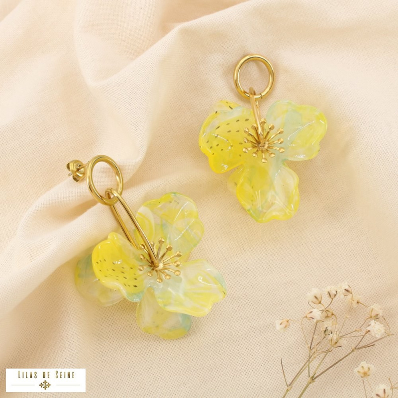 Boucles d'oreilles fleuries en acier inoxydable FLORA jaune