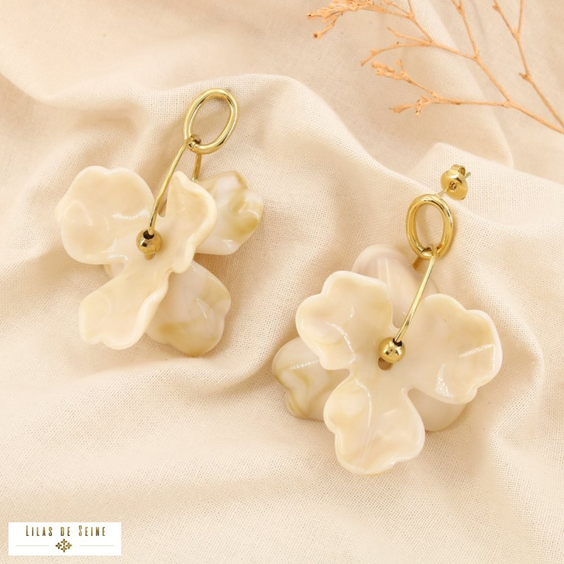 Boucles d'oreilles fleur en résine pastel AXELLE naturel/beige