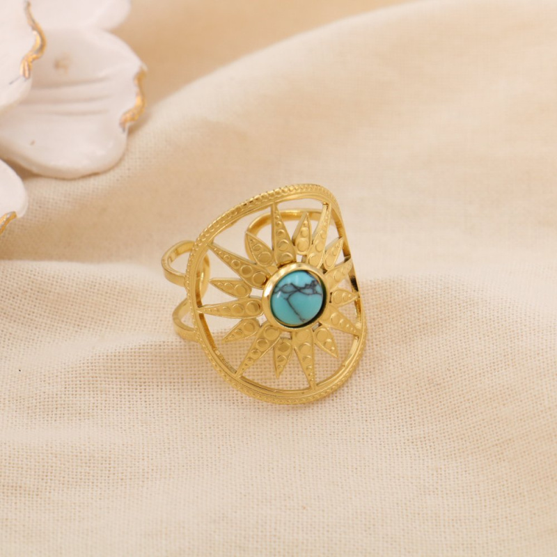 Bague Réglable Acier Inoxydable Cabochon Pierre ou Nacre COLINE bleu turquoise