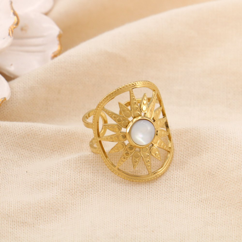 Bague Réglable Acier Inoxydable Cabochon Pierre ou Nacre COLINE blanc