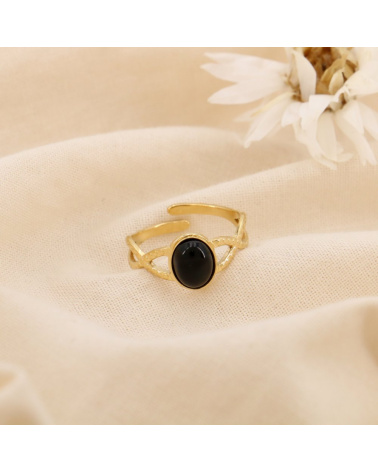 Bague Réglable Acier Inoxydable Cabochon Ovale Pierre ou Nacre ASTRID noir