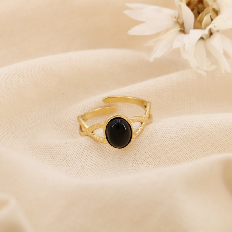 Bague Réglable Acier Inoxydable Cabochon Ovale Pierre ou Nacre ASTRID noir