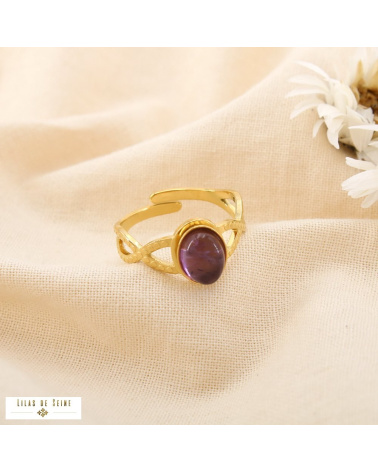 Bague Réglable Acier Inoxydable Cabochon Ovale Pierre ou Nacre ASTRID violet