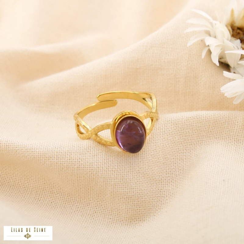Bague Réglable Acier Inoxydable Cabochon Ovale Pierre ou Nacre ASTRID violet