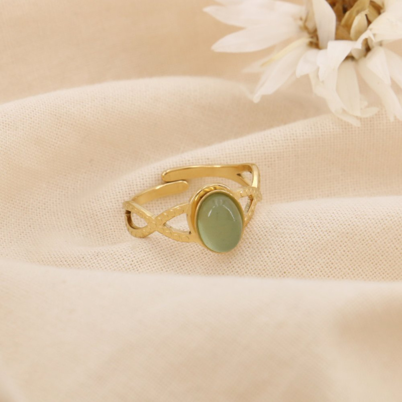 Bague Réglable Acier Inoxydable Cabochon Ovale Pierre ou Nacre ASTRID vert