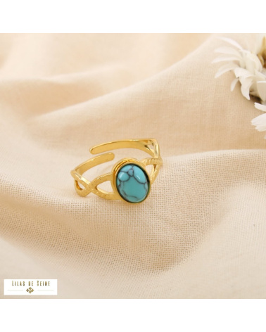 Bague Réglable Acier Inoxydable Cabochon Ovale Pierre ou Nacre ASTRID bleu turquoise
