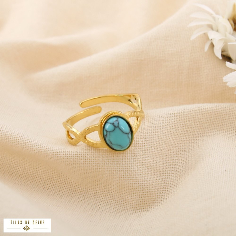 Bague Réglable Acier Inoxydable Cabochon Ovale Pierre ou Nacre ASTRID bleu turquoise