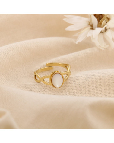 Bague Réglable Acier Inoxydable Cabochon Ovale Pierre ou Nacre ASTRID blanc