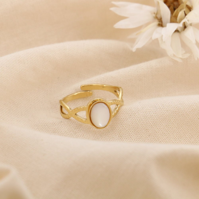 Bague Réglable Acier Inoxydable Cabochon Ovale Pierre ou Nacre ASTRID blanc