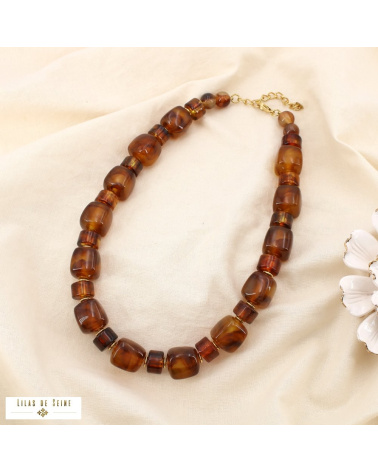 Collier en acier inoxydable et résine marbrée ANGELINA marron