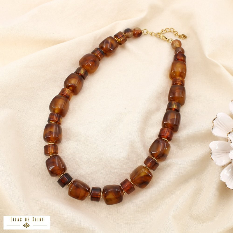 Collier en acier inoxydable et résine marbrée ANGELINA marron