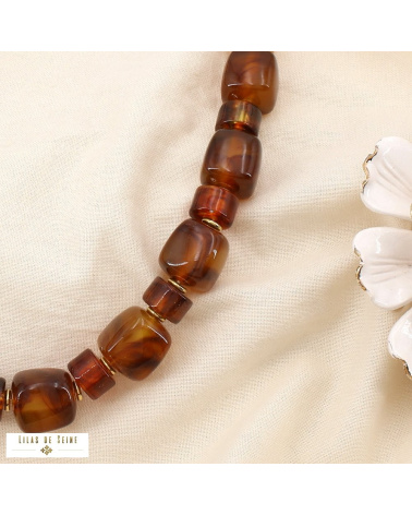 Collier en acier inoxydable et résine marbrée ANGELINA marron