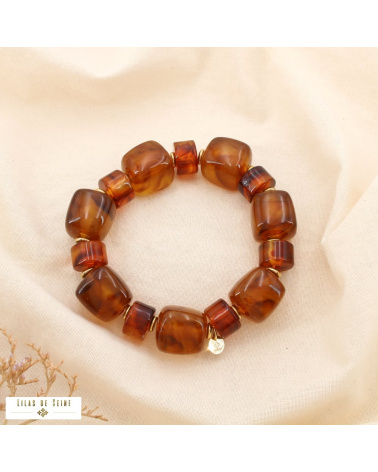 Bracelet acier inoxydable et perles de résine marbrée ambrée ANGELINA marron