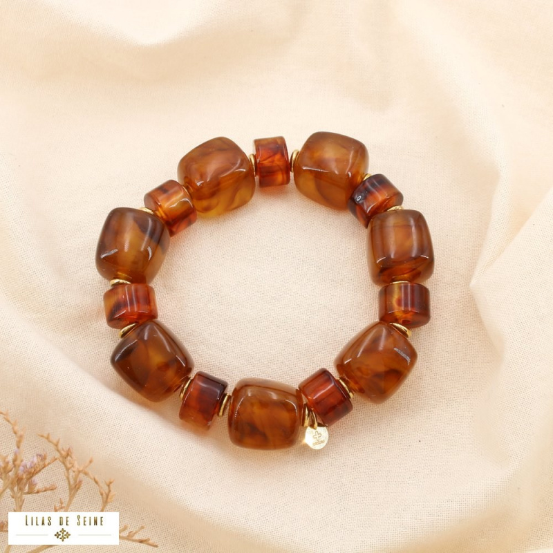 Bracelet acier inoxydable et perles de résine marbrée ambrée ANGELINA marron