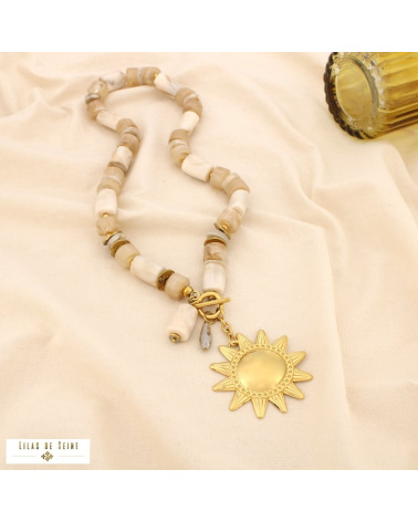 Collier soleil en acier inoxydable doré et perles de résine marbrée JESSICA naturel/beige