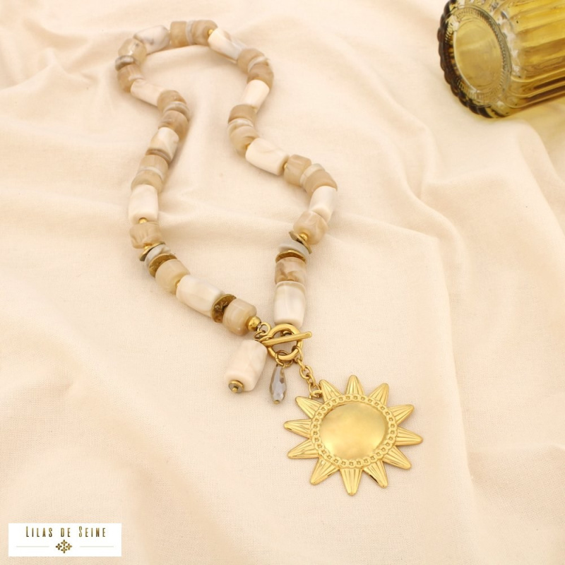 Collier soleil en acier inoxydable doré et perles de résine marbrée JESSICA naturel/beige