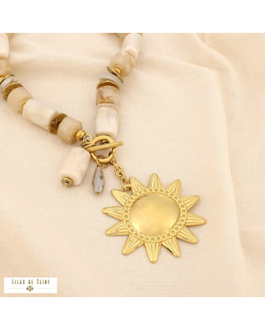 Collier soleil en acier inoxydable doré et perles de résine marbrée JESSICA naturel/beige