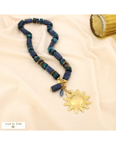 Collier soleil en acier inoxydable doré et perles de résine marbrée JESSICA bleu foncé