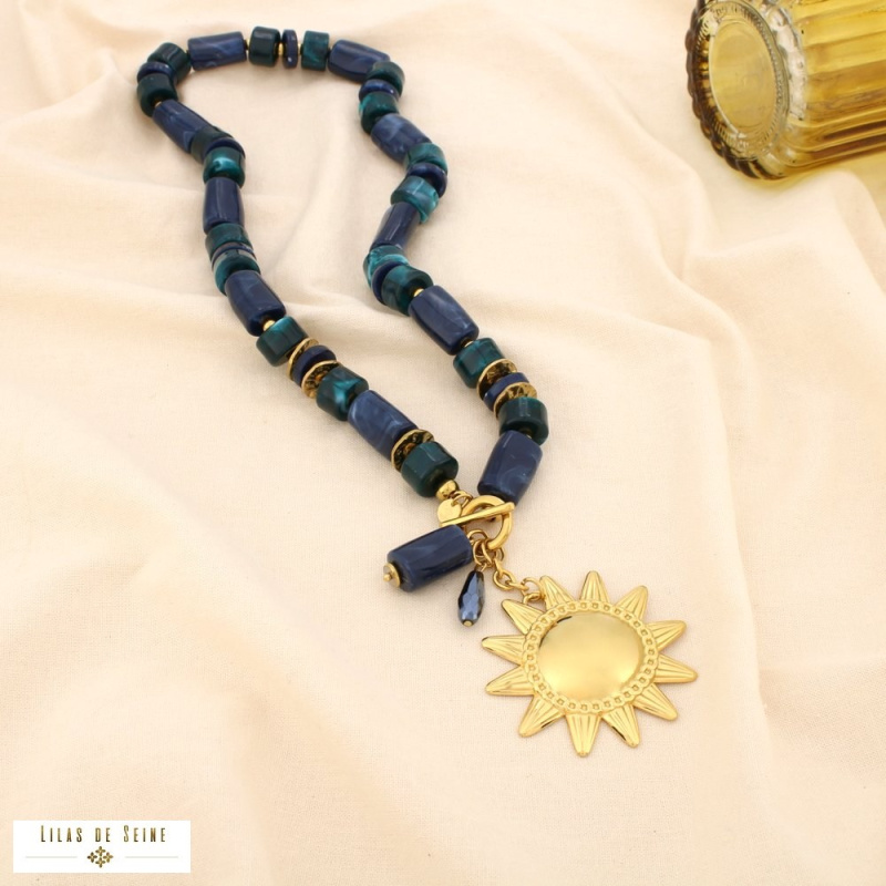 Collier soleil en acier inoxydable doré et perles de résine marbrée JESSICA bleu foncé