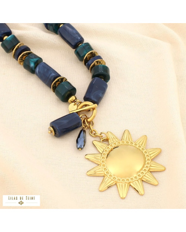 Collier soleil en acier inoxydable doré et perles de résine marbrée JESSICA bleu foncé