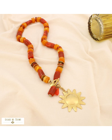 Collier soleil en acier inoxydable doré et perles de résine marbrée JESSICA doré rose