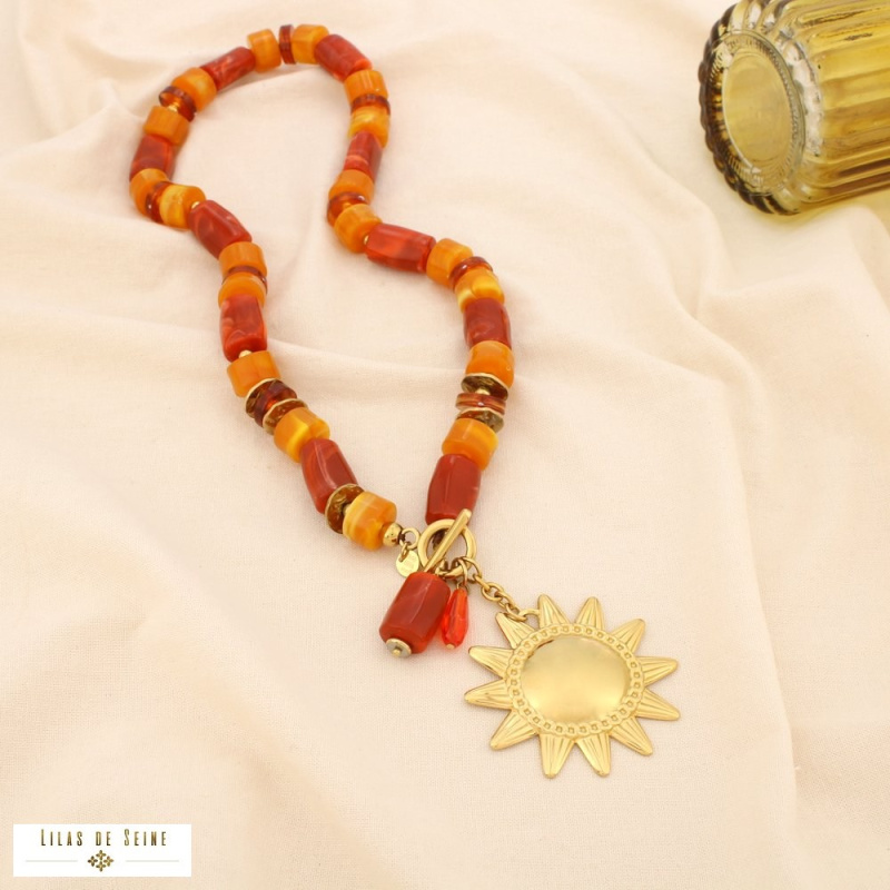 Collier soleil en acier inoxydable doré et perles de résine marbrée JESSICA doré rose