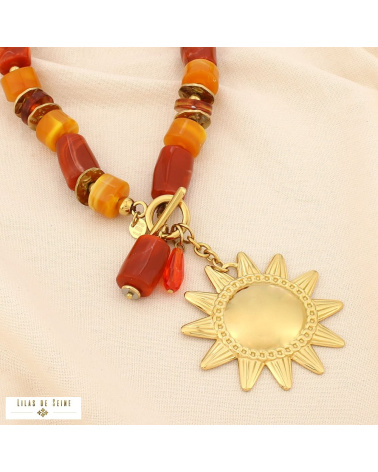 Collier soleil en acier inoxydable doré et perles de résine marbrée JESSICA doré rose