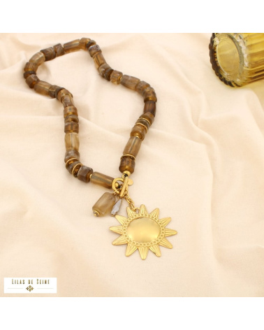 Collier soleil en acier inoxydable doré et perles de résine marbrée JESSICA taupe