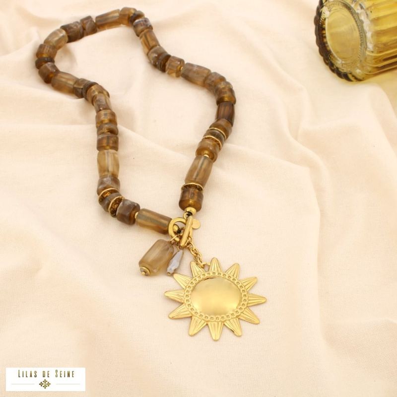 Collier soleil en acier inoxydable doré et perles de résine marbrée JESSICA taupe