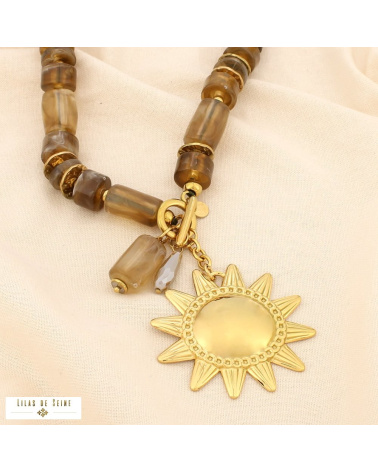 Collier soleil en acier inoxydable doré et perles de résine marbrée JESSICA taupe