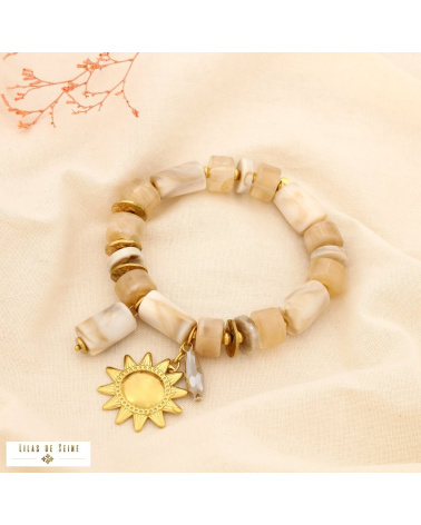 Bracelet soleil en acier inoxydable doré et perles de résine marbrée JESSICA naturel/beige
