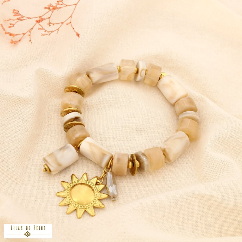 Bracelet soleil en acier inoxydable doré et perles de résine marbrée JESSICA naturel/beige