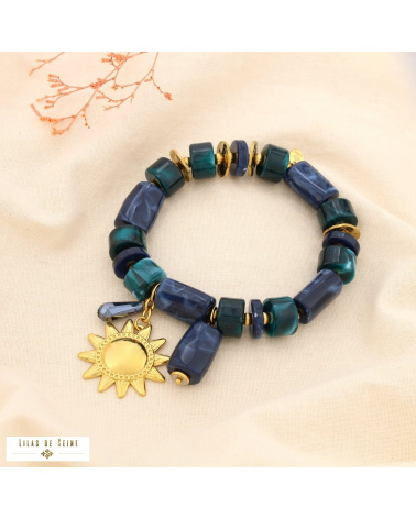 Bracelet soleil en acier inoxydable doré et perles de résine marbrée JESSICA bleu foncé