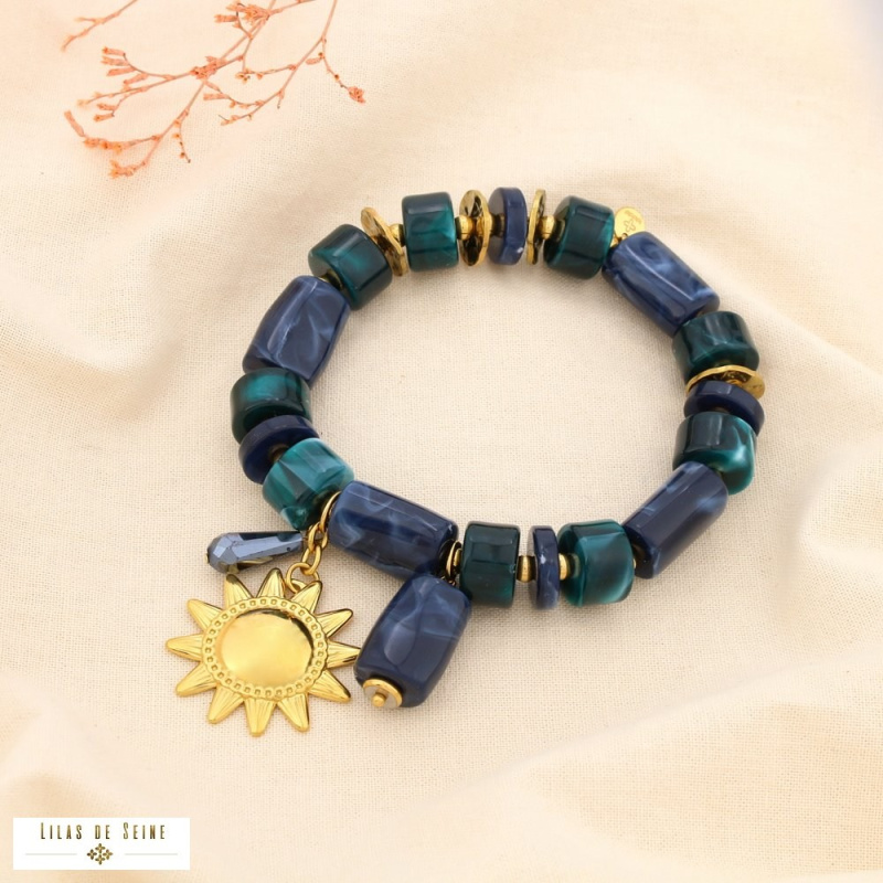 Bracelet soleil en acier inoxydable doré et perles de résine marbrée JESSICA bleu foncé