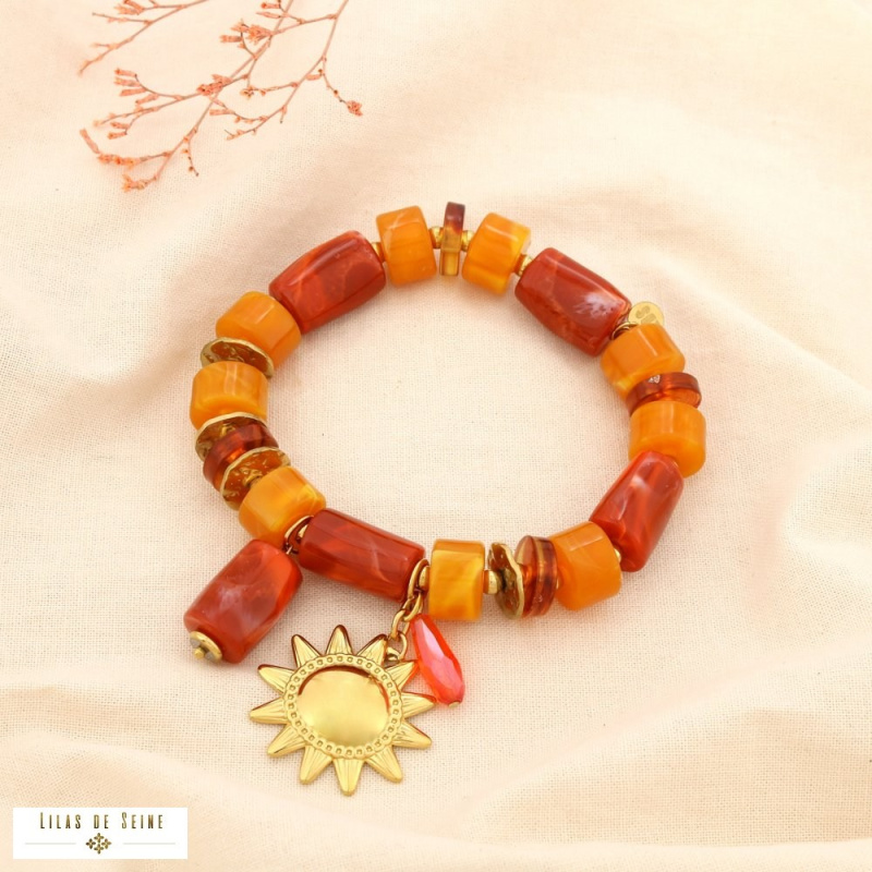 Bracelet soleil en acier inoxydable doré et perles de résine marbrée JESSICA doré rose